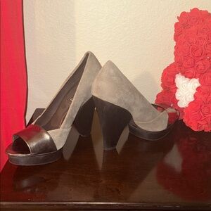 BCBGMaxAzria Black and Gray Peep-Toe Heels
